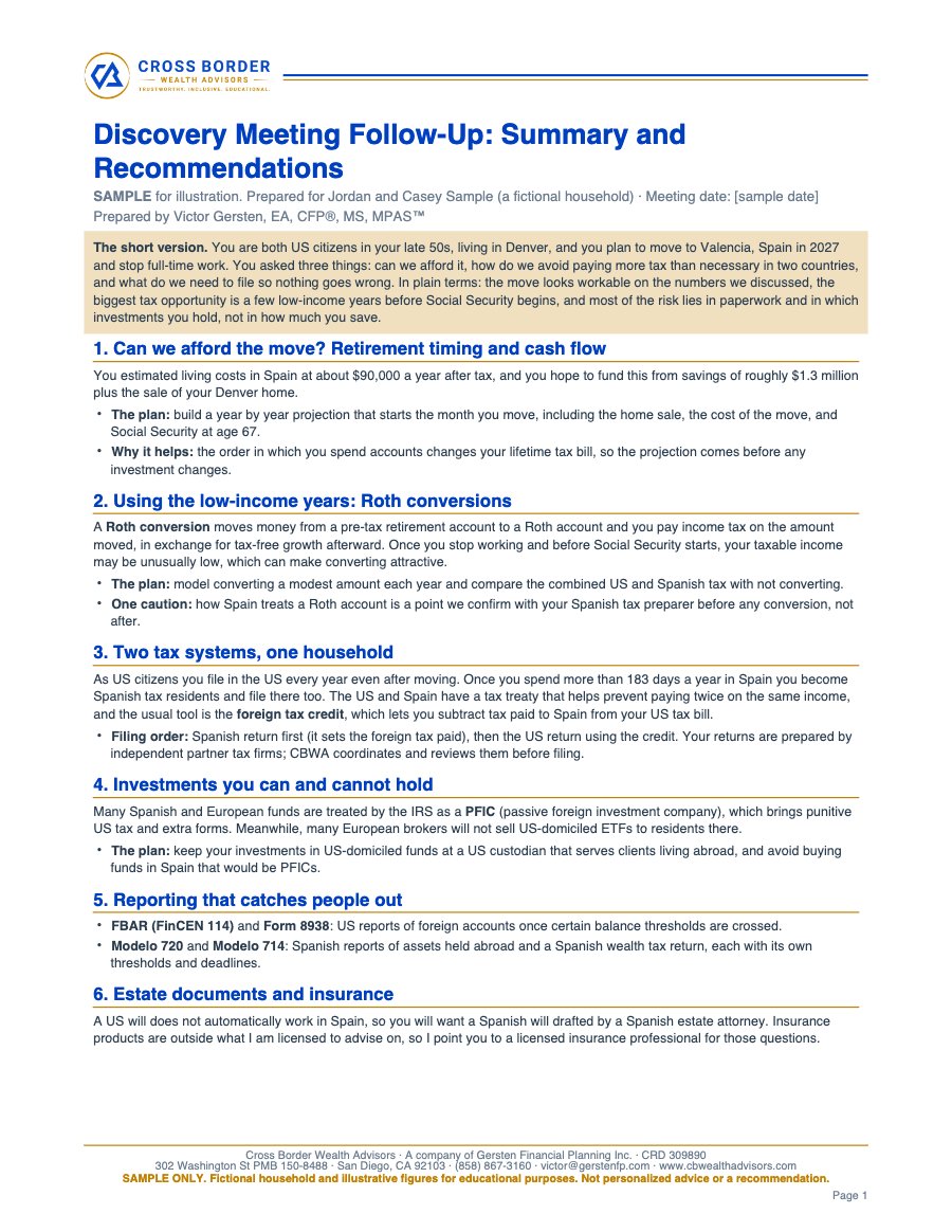 First page of the sample Discovery meeting summary